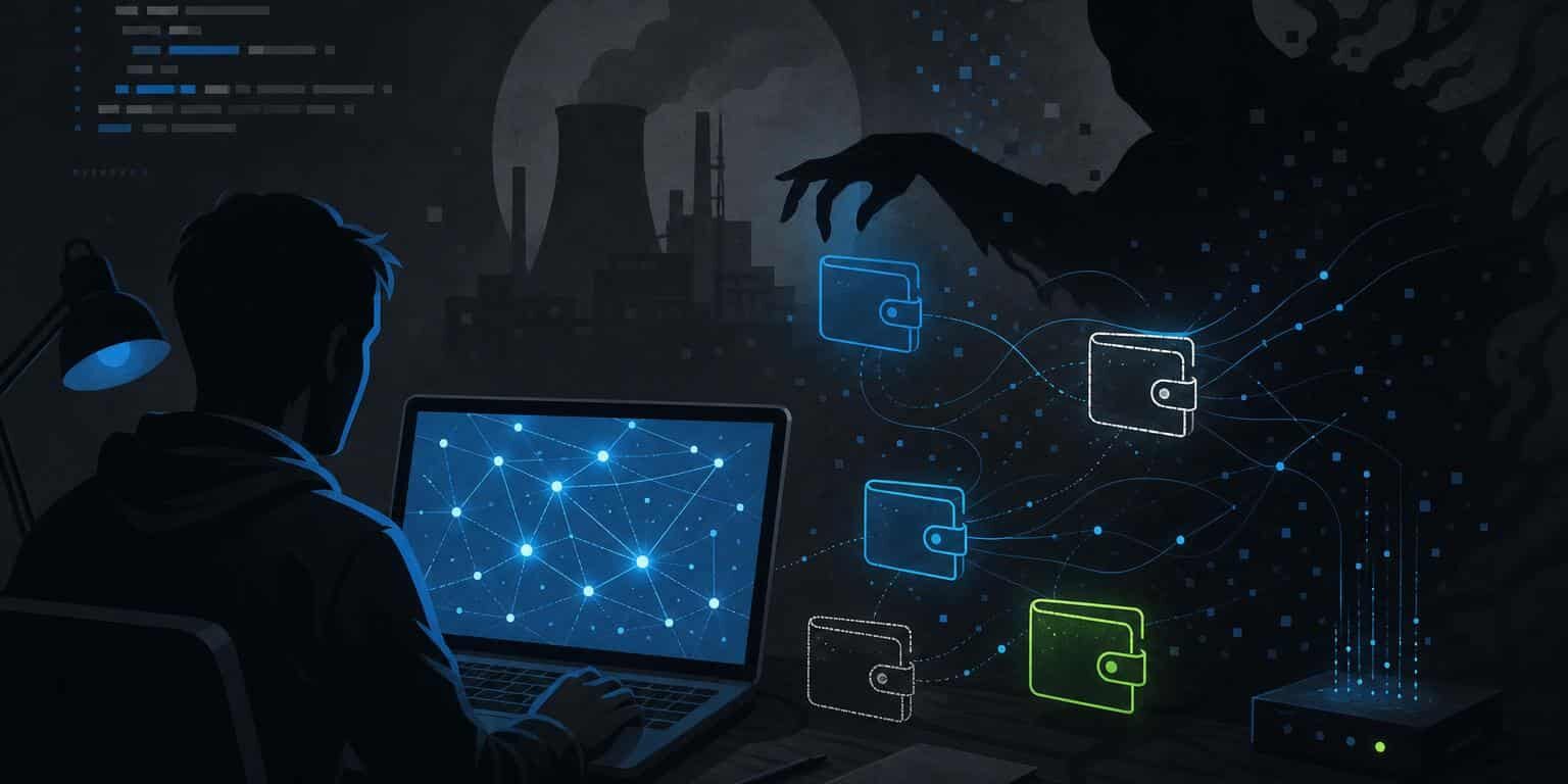 waterplum-313-bureau Ilustracja: haker atakujący portfele krypto z ukrycia, w stylu redakcyjnym KryptoPortal